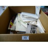 BOX OF ASSORTED LOOSE AND USED STAMPS, FIRST DAY COVERS, STAMP BOOKS, EMPTY ALBUM ETC
