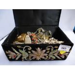 BOX OF ASSORTED COSTUME JEWELLERY, WATCH AND TRAVEL CLOCK