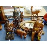 QUANTITY OF ASSORTED WOODWARE INCLUDING PICTURE FRAME, FIGURES AND EGG CUPS