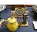 MARBLE MANTLE CLOCK. AFRICAN STYLE METAL BUST AND A PRINCE BROS TEAPOT