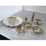 ASSORTED SILVER ITEMS INCLUDING NAPKIN RINGS, PEPPER POT AND SMALL DISHES TOTAL W: 3.8 OZT