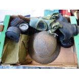 3 GASMASKS AND A METAL HELMET