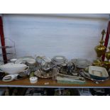 QUANTITY OF ASSORTED POTTERY AND METAL WARE INCLUDING CHURCHILL DINNER SERVICE, BRASS LAMPS,