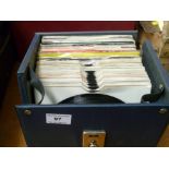 BLUE RECORD BOX WITH APPROX 60 7" RECORDS