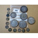BAG OF MIXED SILVER COINS INCLUDING 1887 CROWN AND HALF CROWN TOTAL W: 5.5 OZT