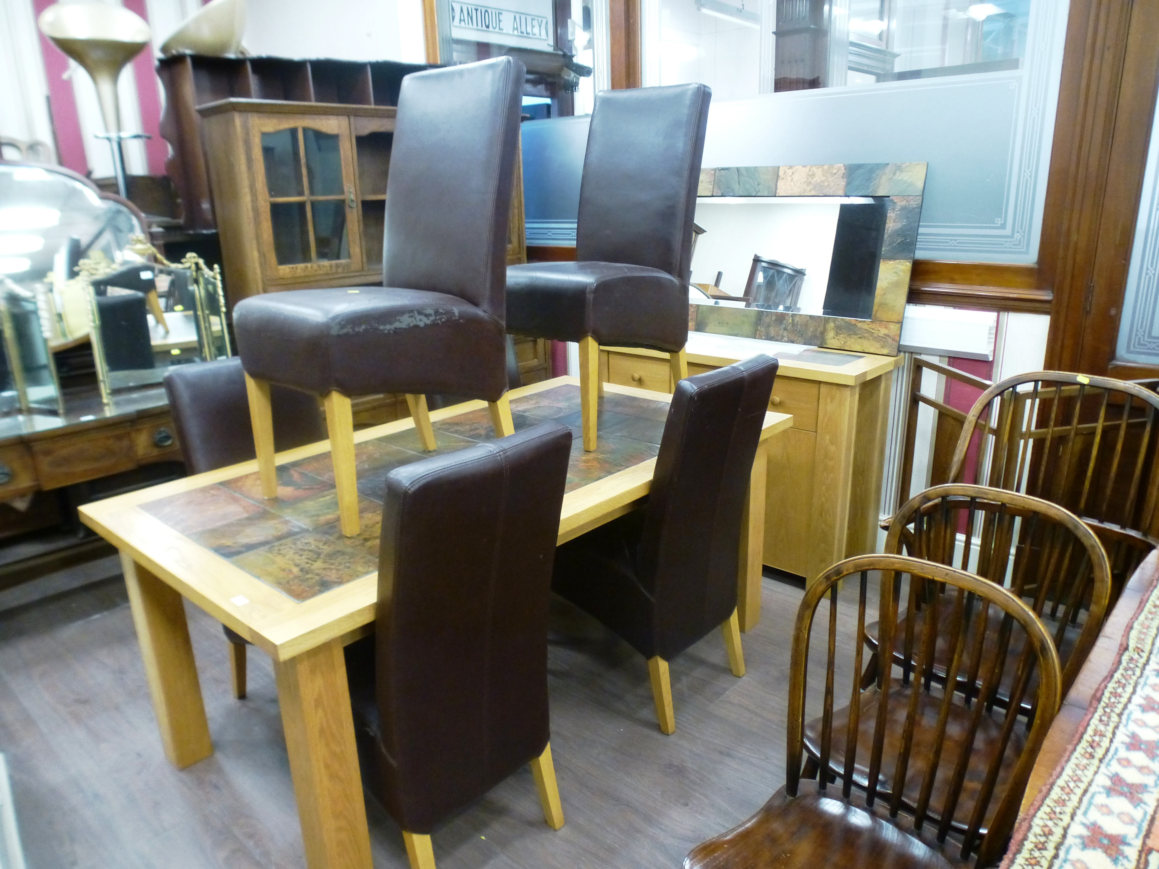TILE TOP DINING SUITE - TABLE, SIDEBOARD, MIRROR AND 6 CHAIRS
