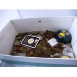 BOX OF ASSORTED UK AND FOREIGN COINS INCLUDING PAPERWEIGHT, BALFOUR DECLARATION MEDALLION, 1991