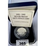 Boxed 1992-93 silver proof 50 pence coin