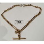 9k gold watch chain with t-bar, w: 37.1 grams, length 15.75”