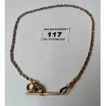 9k gold watch chain with t-bar, w: 12.79 grams, length 13”