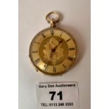 18k gold embossed fob watch, total w: 41.49 grams, 1.6” diameter, not working