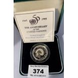 Boxed 1995 UK silver proof £2 coin – 50th Anniversary of the United Nations