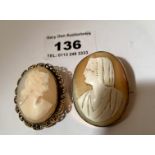 2 cameo brooches, unmarked, 1.5” and 1.75”