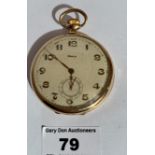 14k gold Doxa pocket watch, total w: 75.57 grams, 2” diameter, working