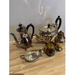 Silver plated coffee pot, teapot, sugar shaker, cream jug and small cup (none matching)