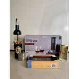 Electric wine set, cigarette holder/table lighter, wine bottle stop, hip flask and 5 piece wine set
