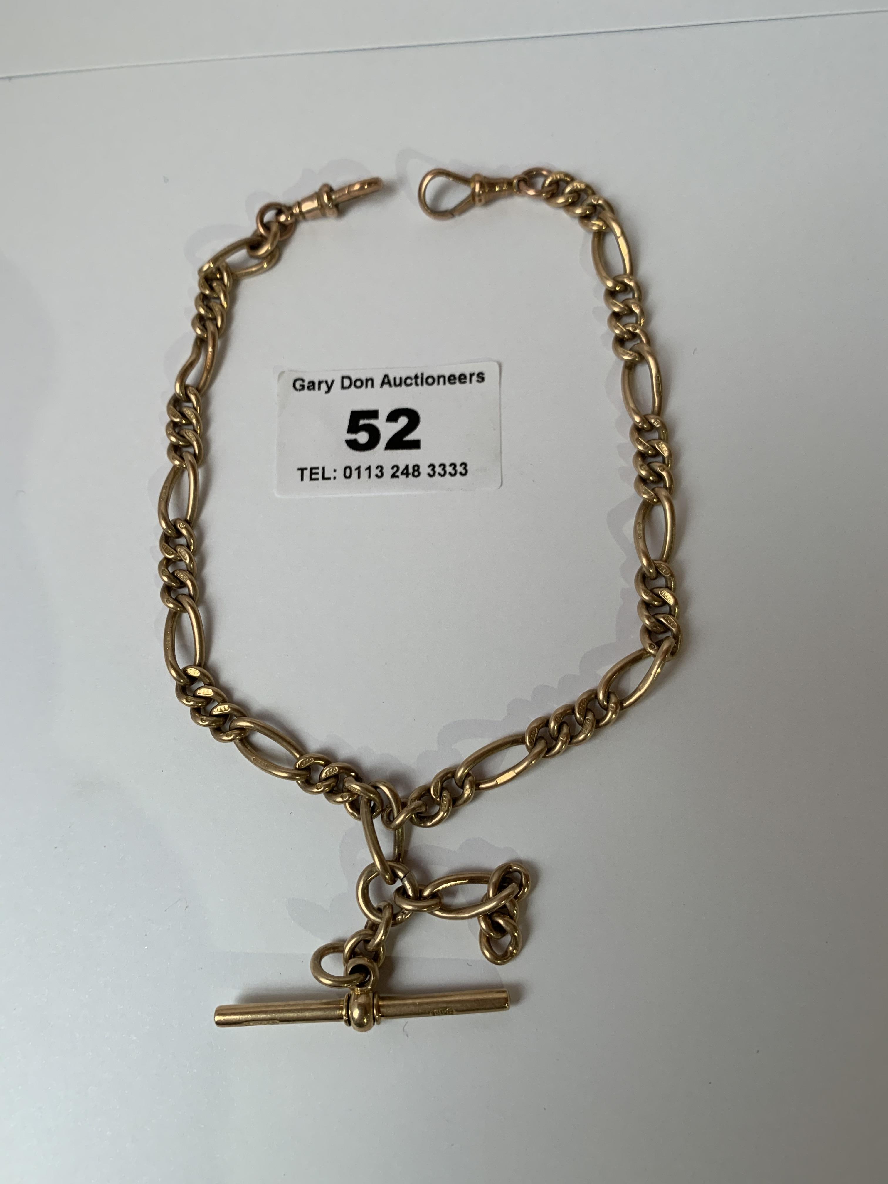 9k gold watch chain with t-bar, w: 25.89 grams, length 11”