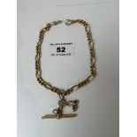 9k gold watch chain with t-bar, w: 25.89 grams, length 11”