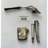 Silver vesta case, w: 0.44 ozt 1.5” x 1”, silver cigarette holder, w: 0.25ozt, 2.5” and silver