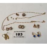 Quantity of 9k gold scrap gold including broken chain, earrings and studs, total w: 7.39 grams