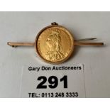 1892 full sovereign in 9k gold brooch holder, 10.3 grams