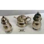 Silver salt, pepper and mustard pot with blue glass liner and silver spoon. Total silver w: 3.2 ozt