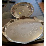 Large engraved silver plated tray and plated pierced oval dish