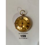 9k gold embossed pocket watch, total w: 124.21 grams, 2” diameter, not working