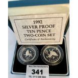 Boxed 1992 silver proof ten pence 2-coin set
