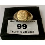 18k gold gents signet ring initialled RGH, 7.91 grams, size U