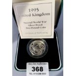 Boxed 1995 UK Second World War silver proof £2 coin