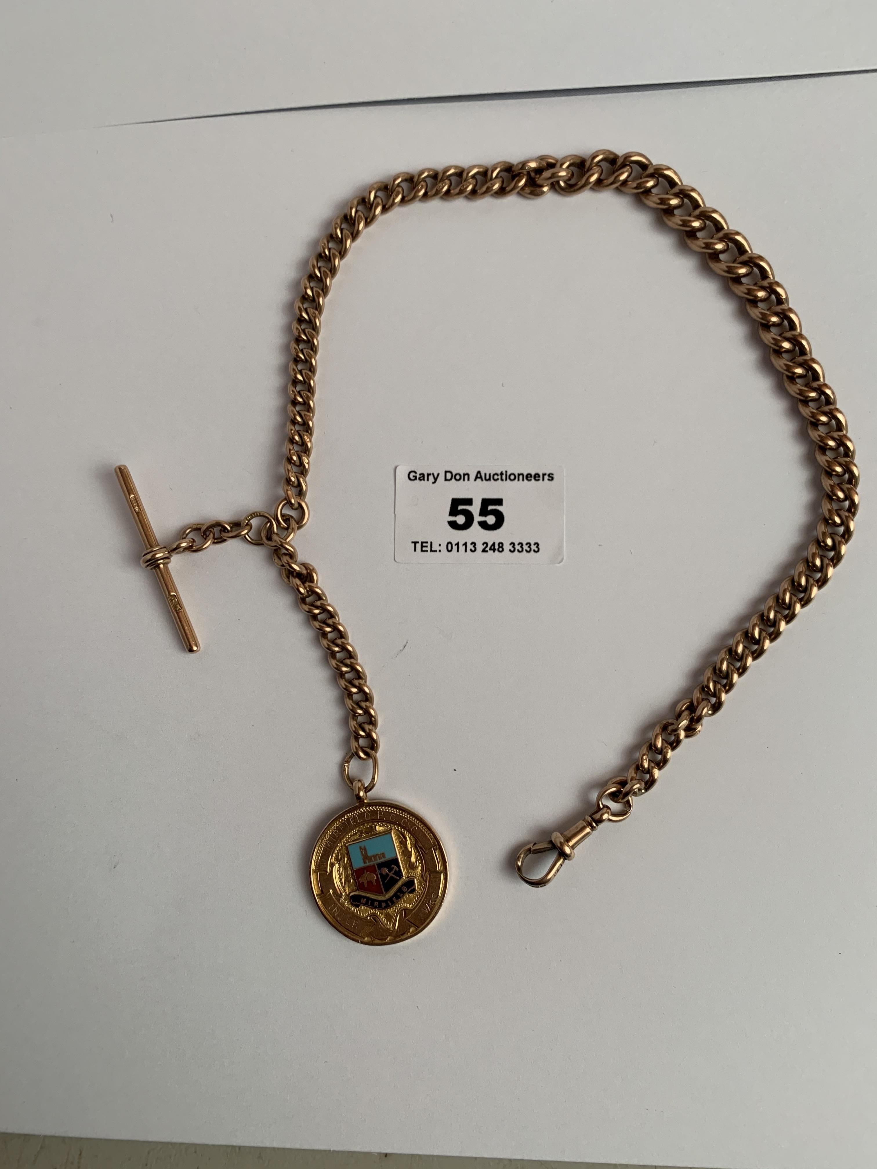 9k gold watch chain with t-bar and medallion- Mirfield P.C.C.C, Inter WKS, 1926, w:60.72 grams,
