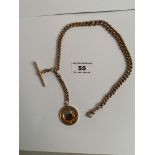9k gold watch chain with t-bar and medallion- Mirfield P.C.C.C, Inter WKS, 1926, w:60.72 grams,