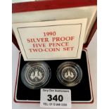 Boxed 1990 silver proof five pence 2-coin set