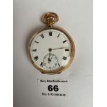 9k gold pocket watch, total w: 88.56 grams, 2” diameter, working