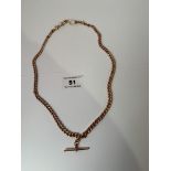 9k gold watch chain with t-bar, w: 42.64 grams, length 20”