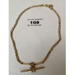 18k gold watch chain with t-bar, w: 15.26 grams, length 13.5”