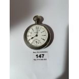 Plated American Waltham pocket watch, 2” diameter, working