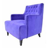 Large purple button back velvet upholstered square low lounge chair, on ebonised squared tapering