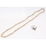 (ref. 2075) 14ct Diamond ring and a seed pearl necklet (1.8gm) (2)