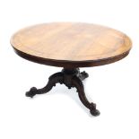 Good 19th century rosewood circular tripod breakfast table, the top inlaid with a border of