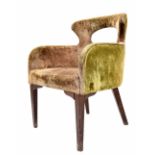 Crushed velvet upholstered occasional chair, moss green, on dark wood tapering legs, 25" wide, 22"