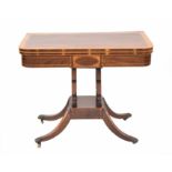 Attractive Regency mahogany foldover card table, the top inlaid and crossbanded with rosewood enclo