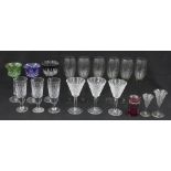 Assorted glassware to include three coloured bowl hock glasses, set of six smoky champagne flutes,