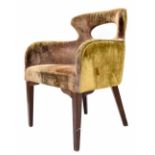 Crushed velvet upholstered occasional chair, moss green on dark wood tapering legs, 25" wide, 22"