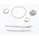 (ref. 0717) 9ct Ring (4.4gm), bracelet (at fault), further ring and miscellaneous earrings (5)