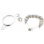 (ref. 11392) 9ct Bracelet, two rings (at fault), and silver bangle (14.9gm) (4)