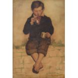 Follower of William Henry Hunt (19th century) - A boy seated upon a wall blowing bubbles, pencil