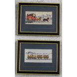 Pair of Stevengraph type pictures, 'The Present Time' A steam locomotive pulling two
