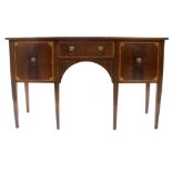 Georgian style mahogany and boxwood inlaid sideboard, the plain top over single short drawer flanked